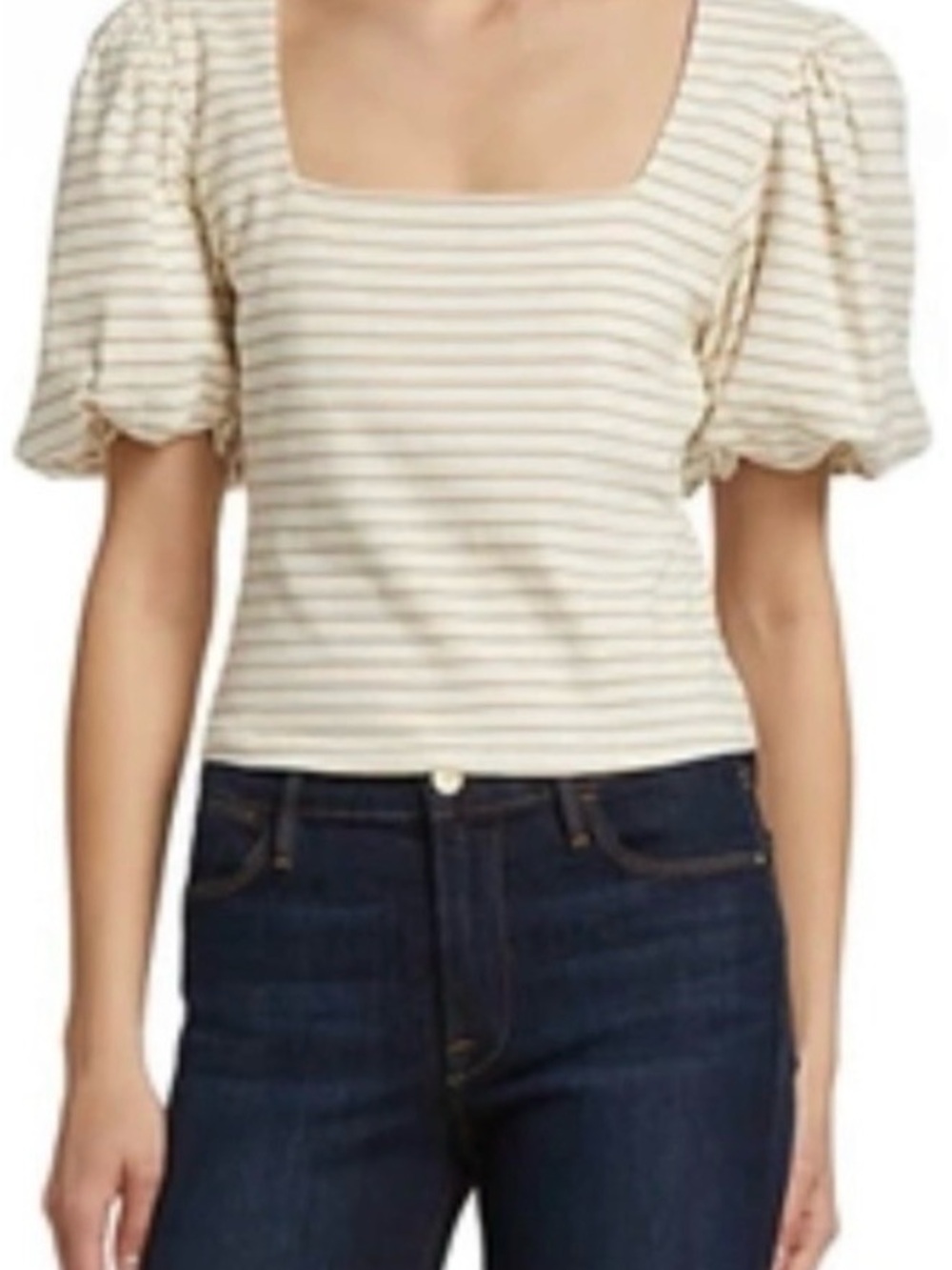 Frame Denim XS Cream Striped Square-Neck Puff Sleeve Crop Top, Cotton